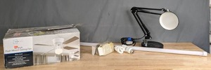 lot 465 image: Mainstays 42 Flush Mount Ceiling Fan, 48 Plug & Play LED Tube, Light Bulbs, Black Adjustable Desk Lamp  E