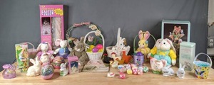 lot 731 image: Assortment of Easter Decorations, Easter Village Easter Tree, Ornaments, Decorative Eggs, Stuffed Easter Bunnies, Bunny Figurines and Dcor M