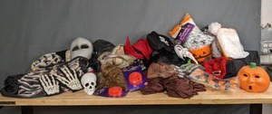 lot 732 image: Pile of Halloween Costumes and Decoration Skeleton, Devil Mask, Wigs, Pumpkin, Stretch Fake Spider Web, Etc. M