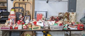 lot 733 image: Assortment of ChristmasHoliday Decorations, Ornaments, Santa Figurines, Reindeer Cookie Jar, Ribbon, Christmas Village Houses, Gift Bags, Envelopes, Miniature Light Set, Make The Season Bright Dip Mix Set, Crafted Holiday Accessories and More M