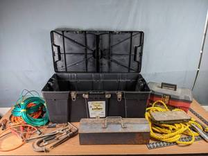 lot 481 image: Storage Trunk by SuperBox, Tool Boxes, Vintage Wrench Set, Square, Hammer, and More N