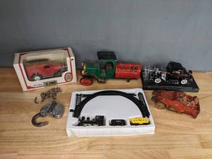 lot 484 image: Assortment of Die Cast Vintage Trucks 1932 Ford, Lock, and a Toy B&O TrainTrack N