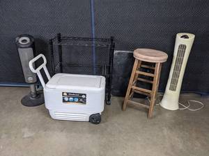 lot 477 image: Aloha Breeze Tower Fan, Igloo Wheelie Cooler, Ceramic Element Heater, and More E