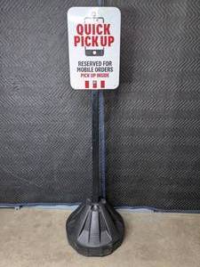 lot 473 image: Plasticade Roll-a-Post 18 Fillable Base Sign Stand with Quick Pick Up, Reserved for Mobile Orders, Pick Up Inside Sign  E