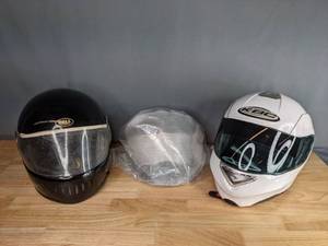 lot 745 image: KBC Street Style Motorcycle White Helmet, Bell Helmets Black Helmet and Protective Face Gear M