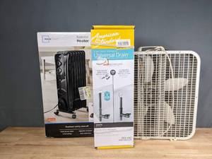 lot 187 image: Lasko Box Fan, American Standard Universal Drain, Mainstays Electric Radiator R