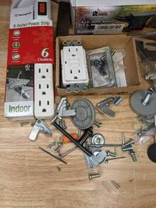 lot 163 image: Mixed Tool Lot  Antique Brass Blow Torch, Variety of Tools, Paint Rollers, Electrical Outlets & Faceplates, and More  R
