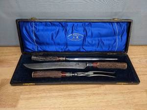lot 497 image: Antique Joseph Rodgers & Sons Cutlers to His Majesty 3 pc. Knife Carving Set with Case M
