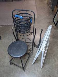 lot 750 image: Miscellaneous Items Metal Stool, Simpo Square 24 Sign Stand, Metal 3-Tier Basket Stand with Baskets R