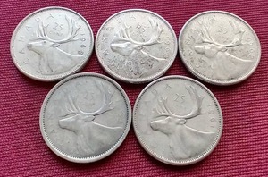 lot 78 image: (5) Silver Canadian Quarters