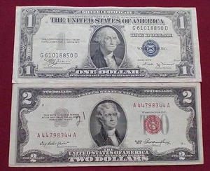 lot 121 image: $1 Silver Certificate & $2 Red Seal Note Lot