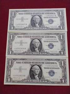 lot 144 image: (3) Consecutive Uncirculated Silver Certificate $1 Star Notes