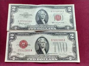 lot 155 image: (2) Red Seal $2 Notes - 1928 & 1953