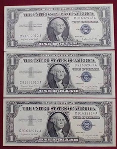 lot 163 image: (3) Consecutive Uncirculated Silver Certificate $1 Notes