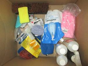 box of cleaning chemicals and soaps...