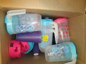 box of juice pitchers and cups ...