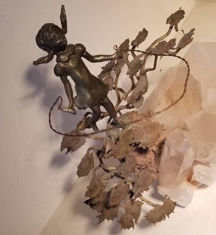 lot 36 image: Vintage Sculpture Brass Girl Jumping Rope on Pink Quartz  Artist Signed