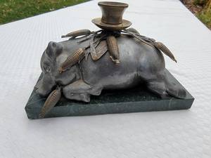 lot 38 image: Petite Choses Pewter Pig in the Corn Crib Statue Candlestick