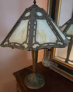 lot 55 image: Slag Glass Miller Lamp Cast Metal Table Lamp