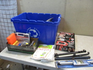 lot 52 image: Bin of misc Household Tools, Heater, Drill bits, etc