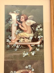 lot 753 image: Framed Vintage Angel Alphabet LOVE Postcards