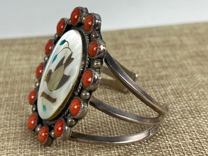 lot 741 image: Vintage Navajo Sterling and Coral Inlaid Cuff Bracelet