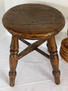 lot 801 image: Vintage Wooden Petite Stool, Woven Wood Basket and Kemps Ice Cream Pottery Bowl