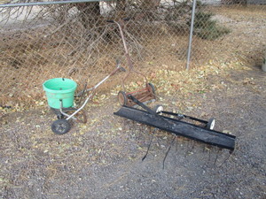lot 18 image: Fertilizer Spreader, Vintage Mower, De-Thatcher (needs work)