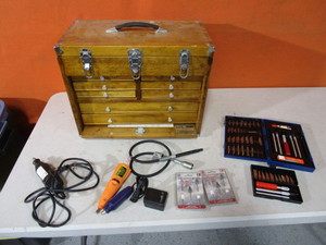 lot 212 image: Tool Cabinet wDremel Tools, Various Bits (see pics) & Hobby Knives