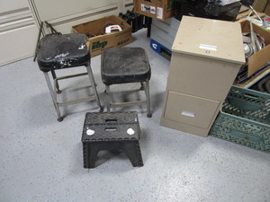 lot 307 image: File Cabinet & Shop Stools