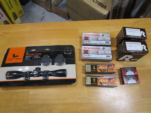 lot 334 image: Rifle Scope, 30-30 Bullets, 12ga Shells .22 Bullets