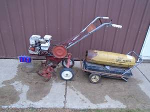 Snapper 3 hp rototiller & sears heater. Tiller works. Heater for parts or repair. As shown.