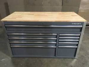 lot 5 image: Husky 52 in. W x 24.5 in. D Standard Duty 10-Drawer Mobile Workbench Tool Chest with Solid Wood Top in Gloss Gray