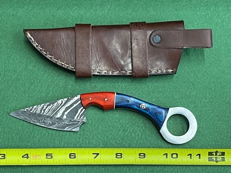 Damascus Steel Knife With Custom Handle & Leather Sheathe