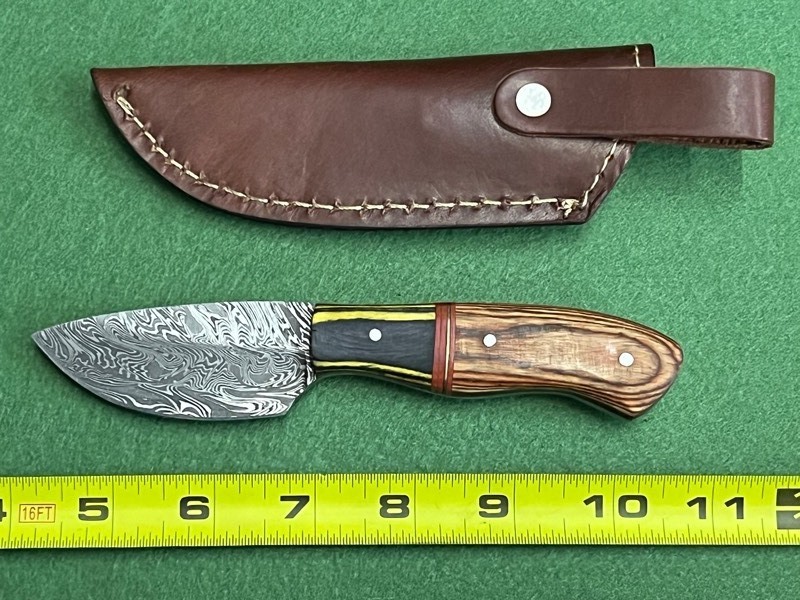 Damascus Steel Knife With Custom Handle & Leather Sheathe