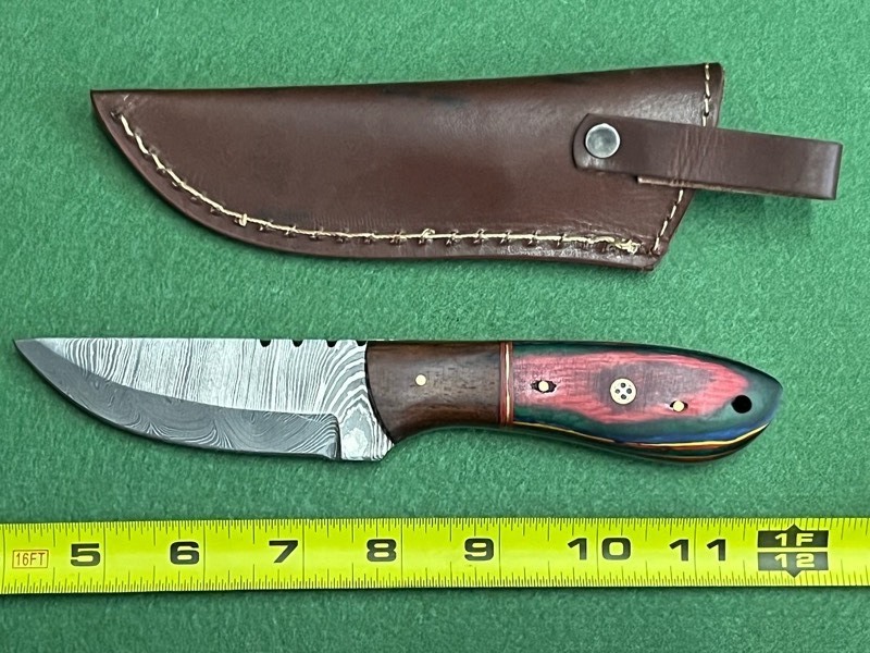 Damascus Steel Knife With Custom Handle & Leather Sheathe