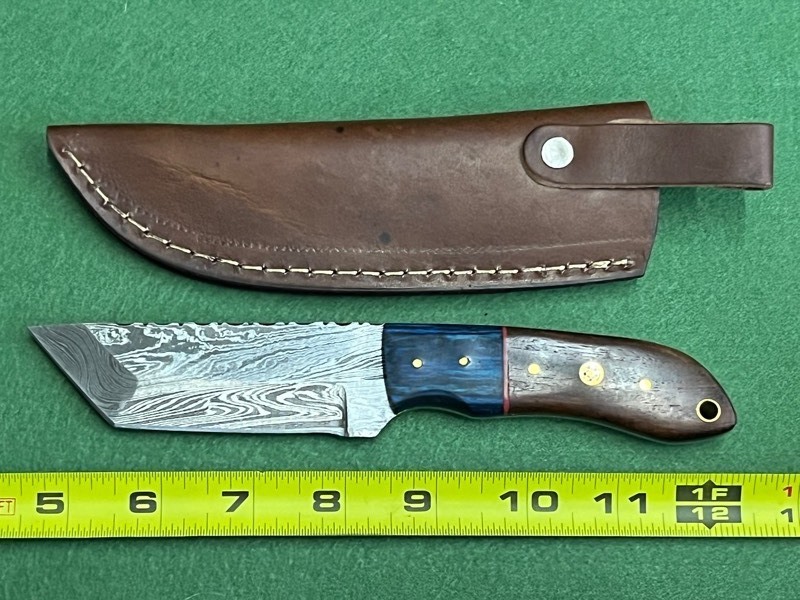 Damascus Steel Knife With Custom Handle & Leather Sheathe