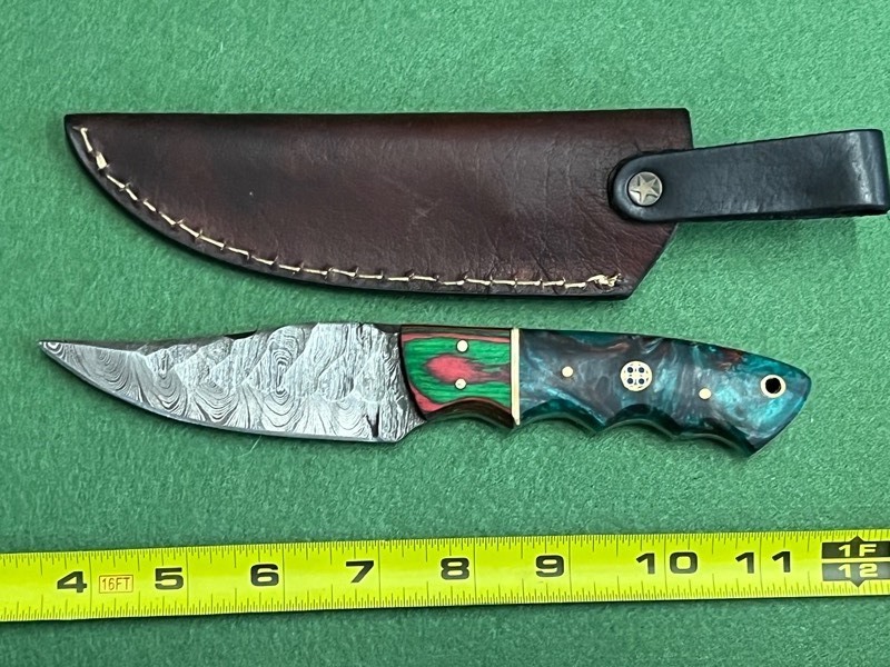 Damascus Steel Knife With Custom Handle & Leather Sheathe