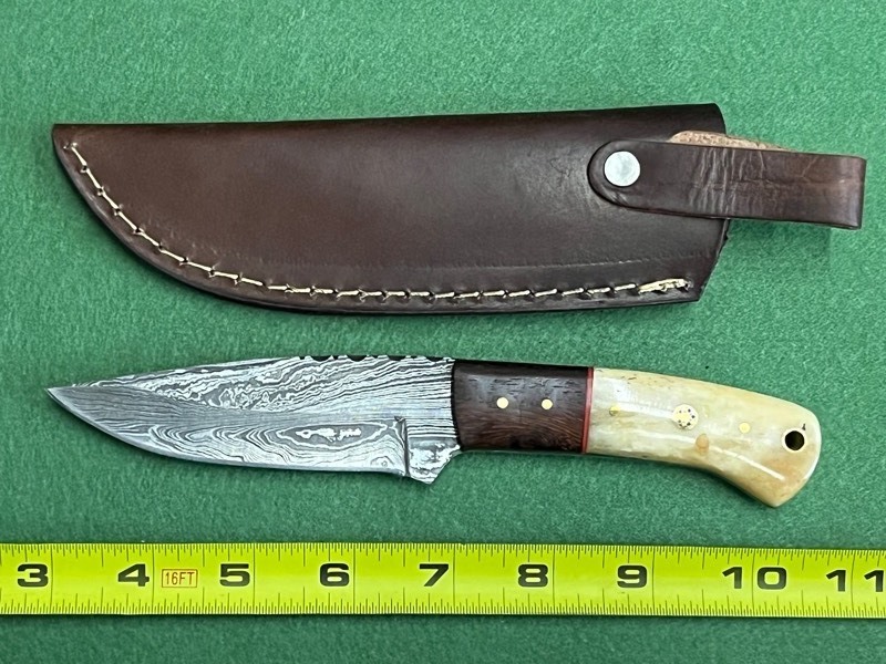 Damascus Steel Knife With Custom Handle & Leather Sheathe