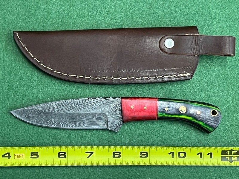 Damascus Steel Knife With Custom Handle & Leather Sheathe