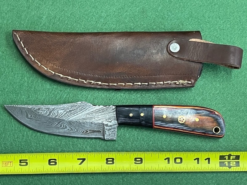 Damascus Steel Knife With Custom Handle & Leather Sheathe