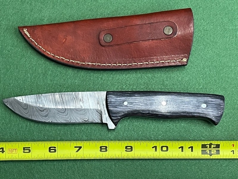 Damascus Steel Knife With Custom Handle & Leather Sheathe