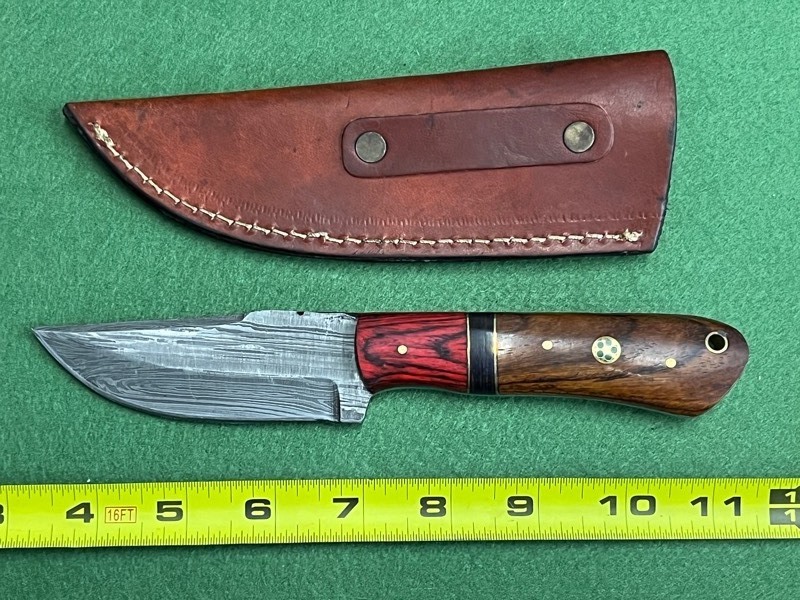Damascus Steel Knife With Custom Handle & Leather Sheathe