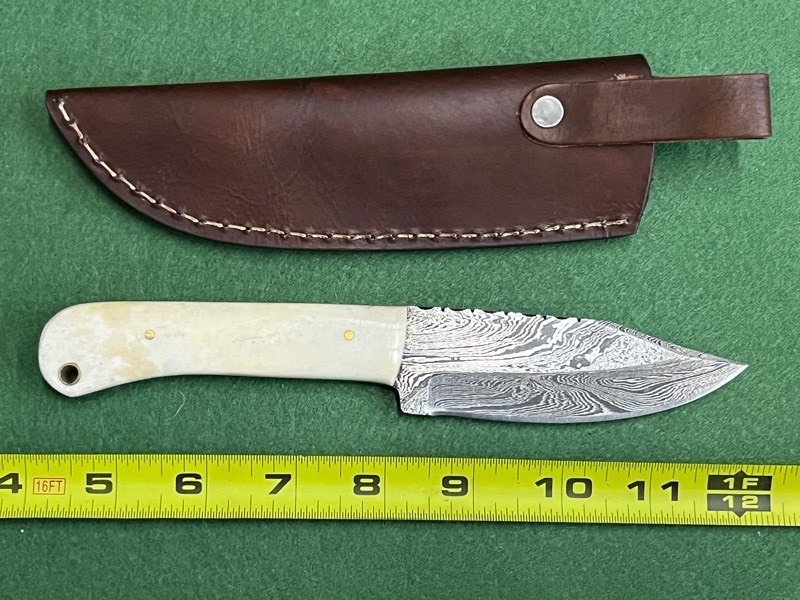 Damascus Steel Knife With Custom Handle & Leather Sheathe