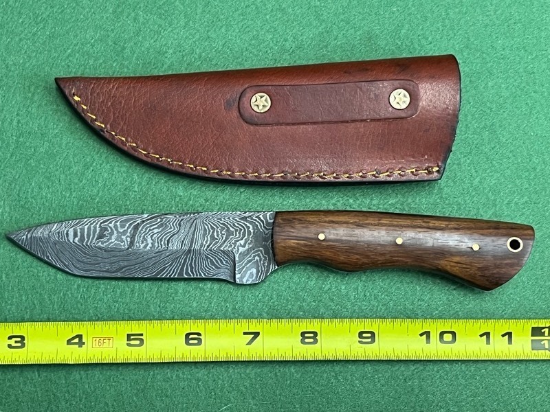 Damascus Steel Knife With Custom Handle & Leather Sheathe