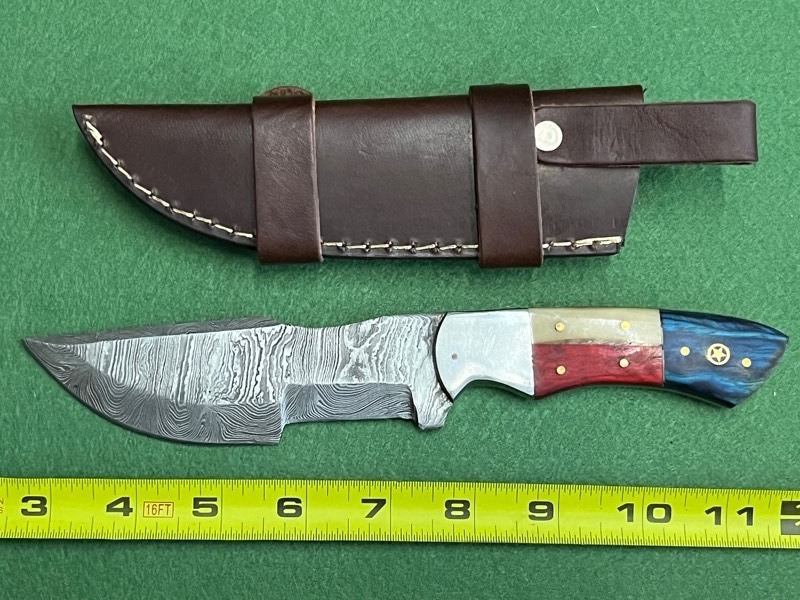 Damascus Steel Knife With Custom Handle & Leather Sheathe