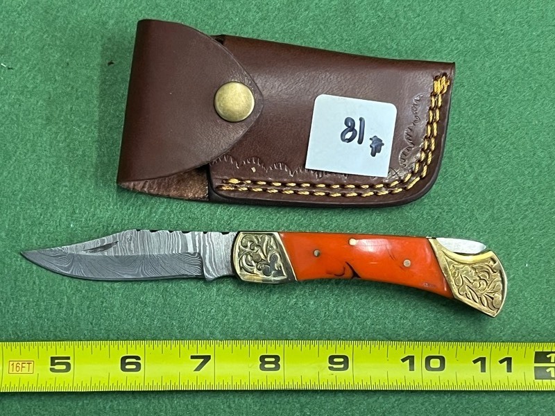 Damascus Steel Knife With Custom Handle & Leather Sheathe