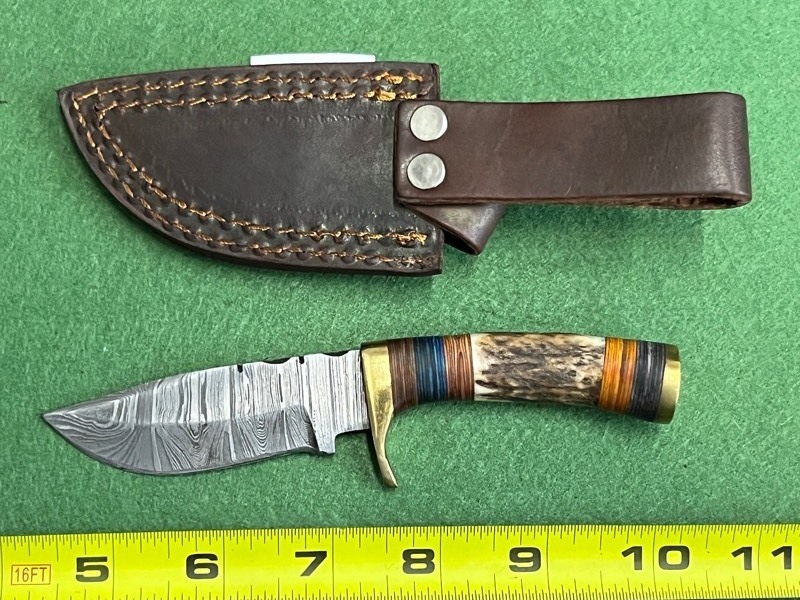 Damascus Steel Knife With Custom Handle & Leather Sheathe
