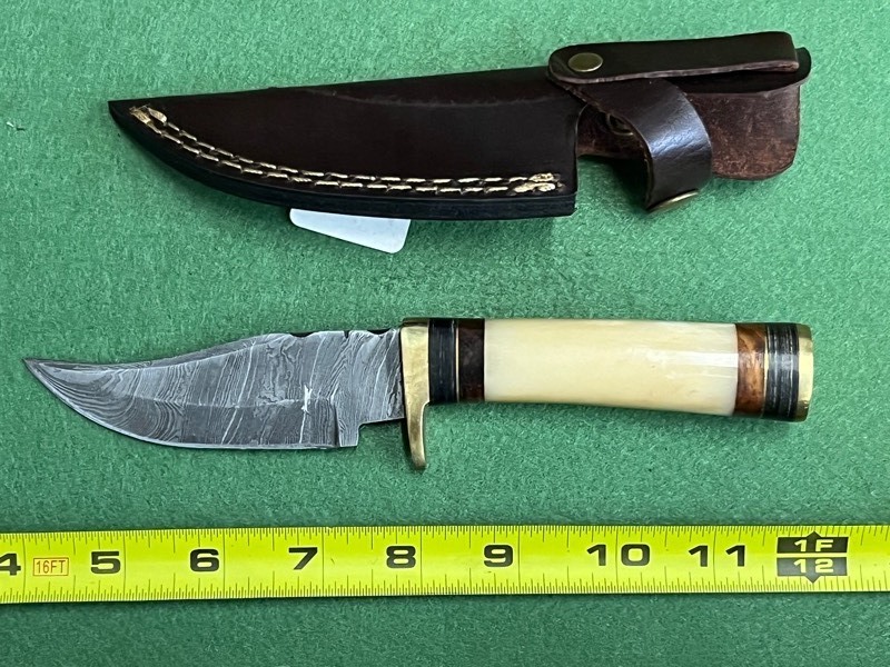 Damascus Steel Knife With Custom Handle & Leather Sheathe