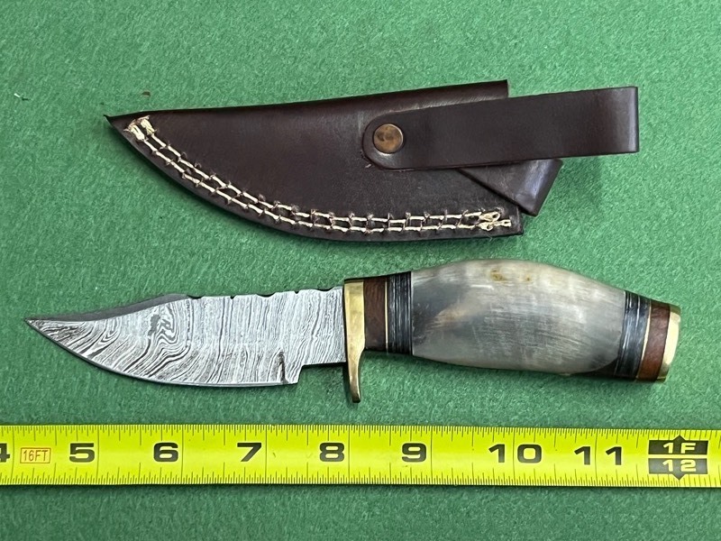 Damascus Steel Knife With Custom Handle & Leather Sheathe